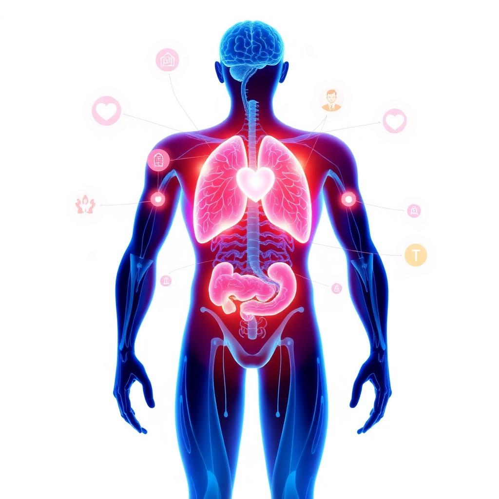 Human body health mapping with highlighted organs and wellness icons